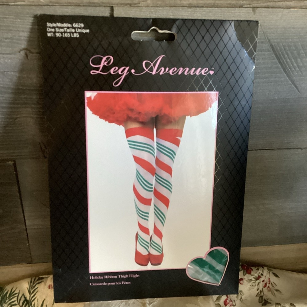 Leg Avenue 6629 Holiday Ribbon Thigh Highs Candy Cane Striped Red Green O/S NIP
